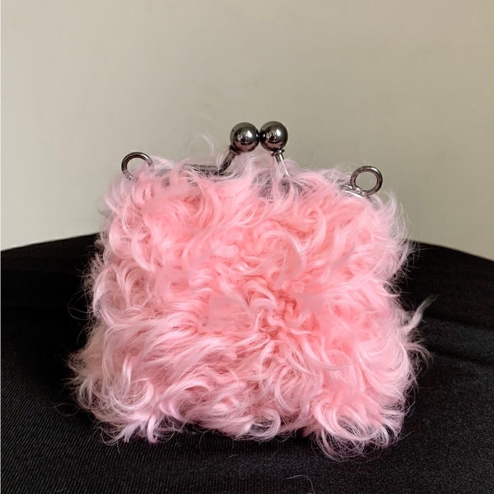 Pink Real Shearling Handmade Kisslock Mini Clutch, Coin Pouch, Crossbody
